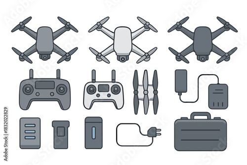 Different types of drones and accessories arranged for use in technology and hobbyist activities