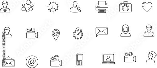 Minimal line art communication and business icons collection featuring email, phone, user profiles, video call and essential digital interface symbols