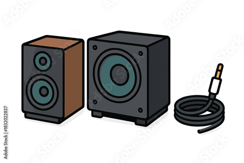 Two audio speakers with a cable, showcasing modern design for home entertainment setup in a cozy room