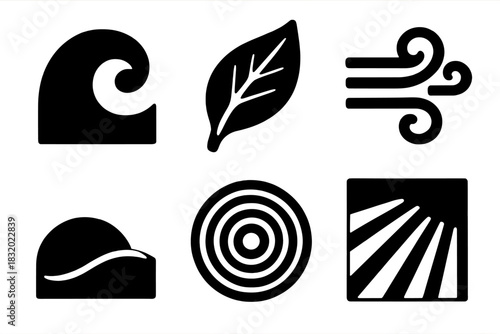 Brutalist Nature Icons. Natural Rhythms Set silhouette icon set: tide wave, leaf sway, wind swirl, seasonal curve, growth ring, shifting light