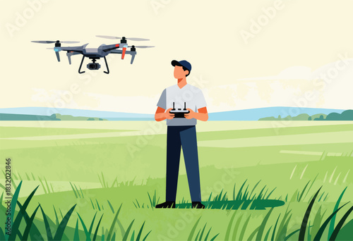 A person in a white shirt and cap operates a drone above a grassy field in a colorful illustration