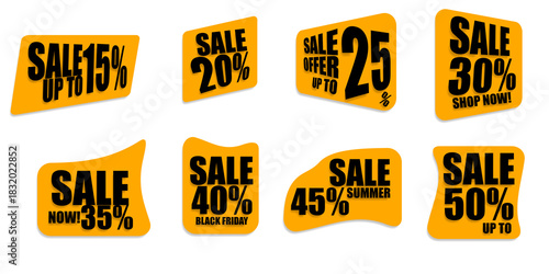 Set of sale tags or banners, sample banners, and shopping signs, including special store discount offers	