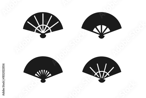 Different designs of decorative fans displayed in a grid pattern on a white background, showcasing various styles and shapes