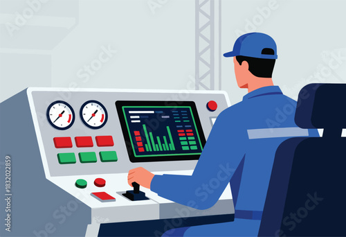 A person in a blue uniform operates a control panel with gauges, buttons, and a screen displaying data