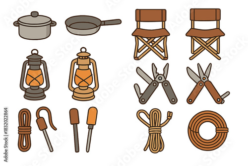 Camping gear including cookware, furniture, tools, and ropes suitable for outdoor adventures and camping trips in nature