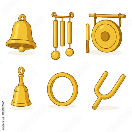 Golden Chime Icons. Golden chime flat icon set : musical bell, vintage chime, golden sphere, tuning fork, bronze gong, prayer bell, harmonic ring, metal rod