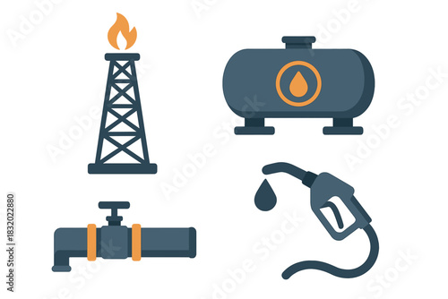 Oil industry elements including a drilling rig, tank, valve, and fuel pump in a clean design style