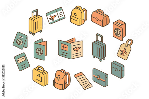 Travel essentials for a smooth journey featuring luggage, tickets, passports, and backpacks arranged in a circular design