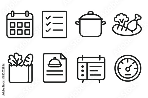 Meal Planning Icons. Meal Planning linear icon set: food calendar, checklist icon, cooking pot, healthy plate, grocery bag, recipe sheet, schedule board, nutrition meter