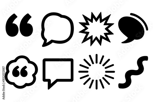 Bold Quote Icons. Expressive quotes silhouette icon set: bold quotes, abstract speech shape, dynamic text burst, curved lines accent, quote cloud, emphasis rays, callout box