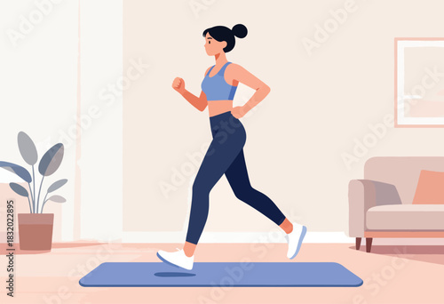 An illustration depicting a woman jogging on a mat in a room. A plant, couch, and artwork are present