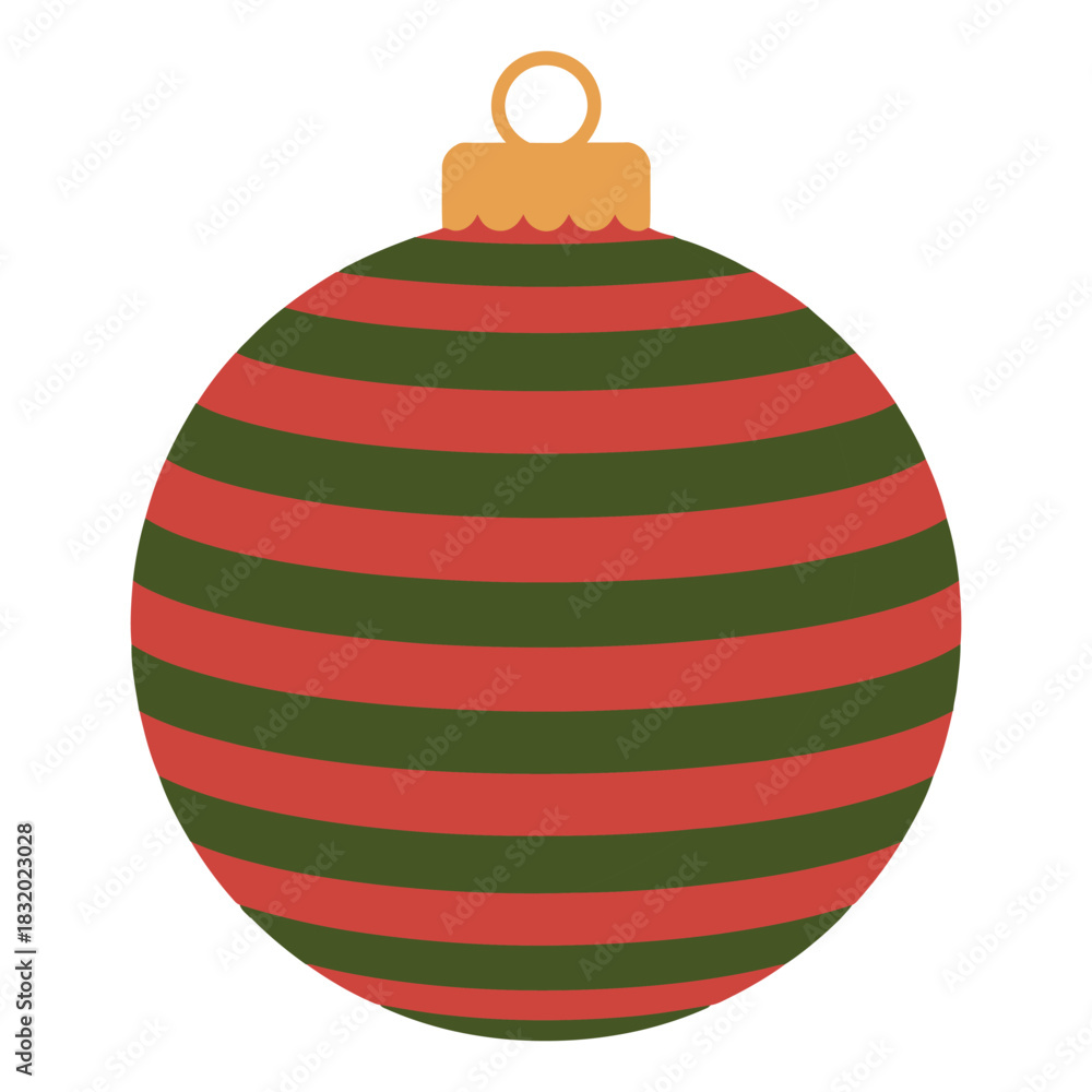 Obraz premium Festive red and green striped christmas ornament hanging with a gold cap and loop isolated on white