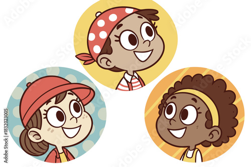 Happy kids avatars. Cute children smiling, boy girl in rounds vector set. Illustration girl and boy avatar, happy kids, child happiness