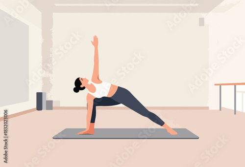 A woman in athletic attire performs a yoga pose on a mat in a room with neutral tones