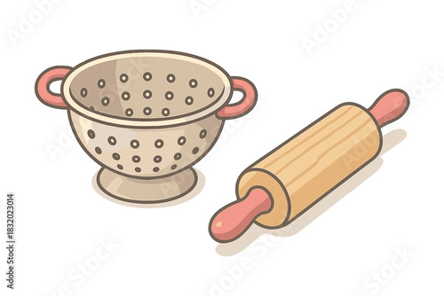 Kitchen tools including a colander and a rolling pin for meal preparation and baking activities