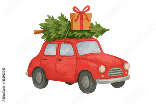 Classic red car with Christmas tree and gift on top during festive season