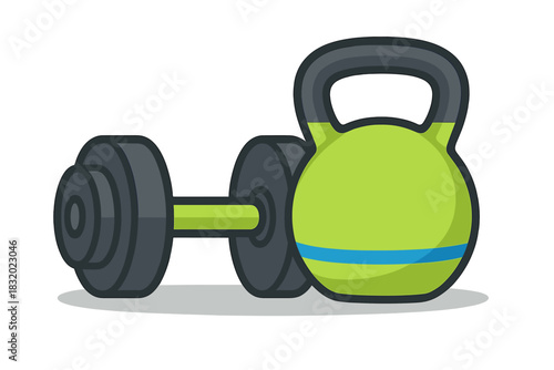 Weights and kettlebell for home gym workout setup in bright colors for fitness enthusiasts and strength training