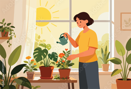 An illustration shows a woman watering potted plants indoors with bright sunlight. A cheerful scene of home gardening