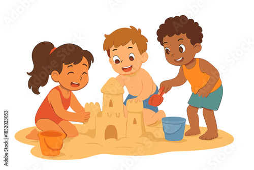 Kids building a sand castle together on a sunny beach during summer vacation