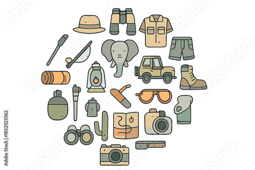 Collection of adventure gear and travel essentials for wildlife exploration and outdoor activities