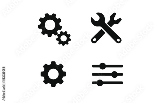 Tools and gears representing engineering and mechanics in simple black graphic design