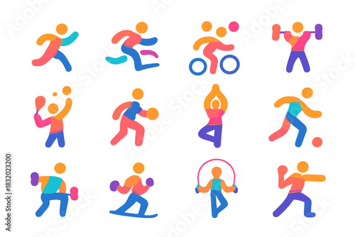 Colorful icons representing various sports and fitness activities in a playful style