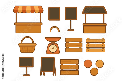 Wooden market stall and accessories design for outdoor fairs and events in a simple, rustic style