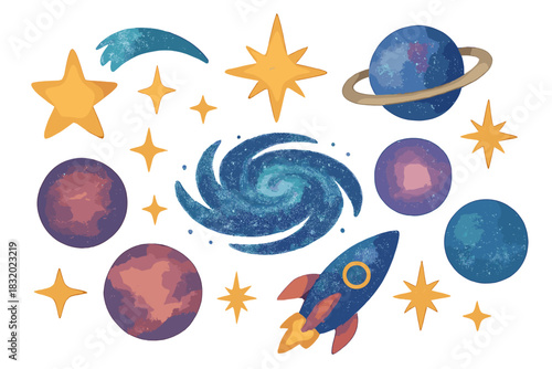 Colorful space scene with planets, stars, a rocket, and a galaxy in a creative design
