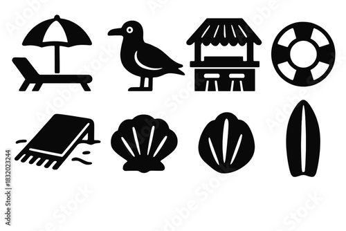 Brutalist Beach Icons. Beach Resorts silhouette icon set. sun lounger, parasol, seagull, beach bar, lifebuoy, towel on sand, shell, surfboard