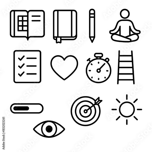 Self-Improvement Icons Set. Self-improvement tools linear icon set. planner, journal, pencil, meditation icon, checklist, heart, stopwatch, ladder, progress bar, focus eye, target