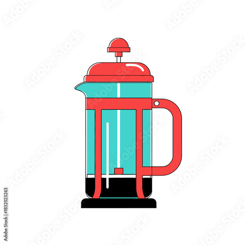 Stylized french press illustration showcases coffee preparation with a bold color palette and