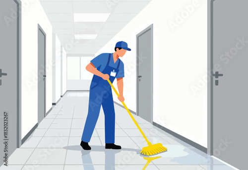 A janitor mops a glossy, wet tiled floor in a long, white hallway with closed doors