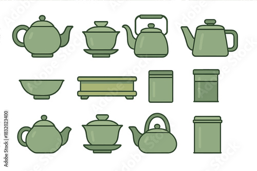 Different styles of green tea vessels arranged in a visually appealing way on a light background