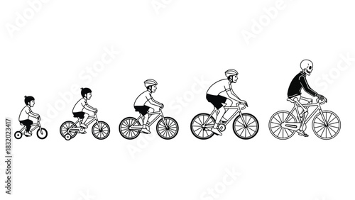 Progression of life shown through a biker from childhood to skeleton