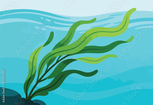 Illustration of underwater seagrass swaying in a blue ocean. The blades are green, and the water is serene