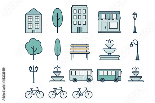 Various urban elements showcasing buildings, trees, and public transport in a city park setting during daytime