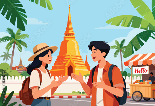 Illustration of two tourists in front of golden temple, palm trees. Street vendor with "Hello" sign