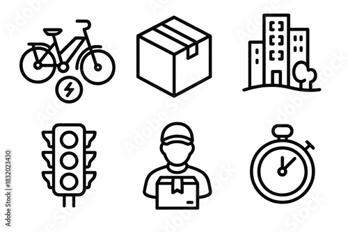 Urban Delivery Icons. Urban Delivery linear icon set. e-bike, parcel box, city skyline, traffic light, courier icon, stopwatch