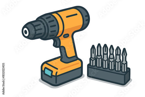 Cordless drill with screwdriver bits on a workbench ready for home improvement tasks and DIY projects