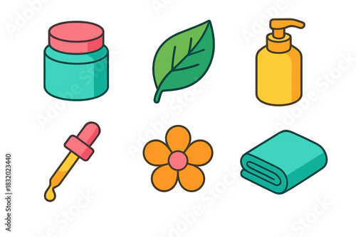 Sustainable Skincare Icons. Sustainable Skincare flat icons set. glass jar, leaf, lotion bottle, dropper, flower, towel