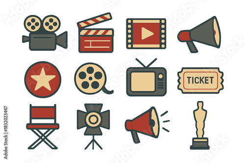 Film and cinema icons arranged in an artistic layout showcasing various elements of movie production and viewing