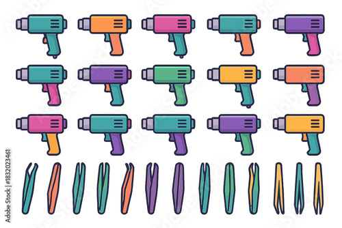Different styles of hot glue guns and tweezers arranged in a colorful pattern on a white background