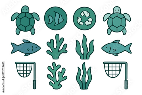 Turtle and fish illustrations with coral and net designs suitable for marine theme projects