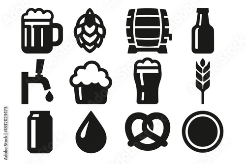 Brewing Icon Set. Small Batch Brewing silhouette icon set. beer mug, hop cone, barrel, bottle, tap, foam, glass, wheat, can, drop, pretzel, coaster
