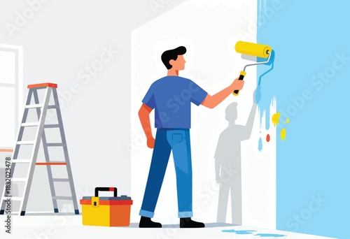 A person paints a blue wall with a paint roller in a room, accompanied by a ladder and toolbox