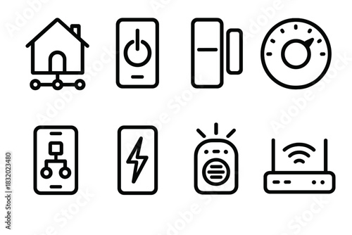 Connected Living Icons. Connected Living Icons linear icon set: home network, smart switch, window sensor, thermostat dial, automation app, energy monitor, alarm system, Wi-Fi