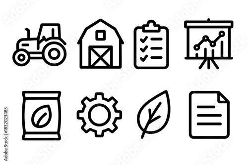 Farm Management Icons. Farm Management linear icon set. tractor, barn, clipboard, chart, seed bag, gear, leaf, document.