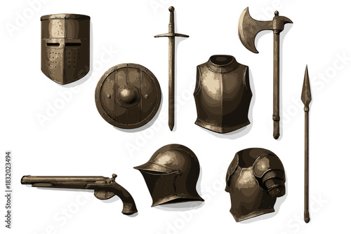 Detailed collection of medieval armor and weapons on a neutral background showcasing various historic designs and styles