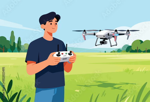 A person uses a remote to control a drone over a green field, in a sunny outdoor setting