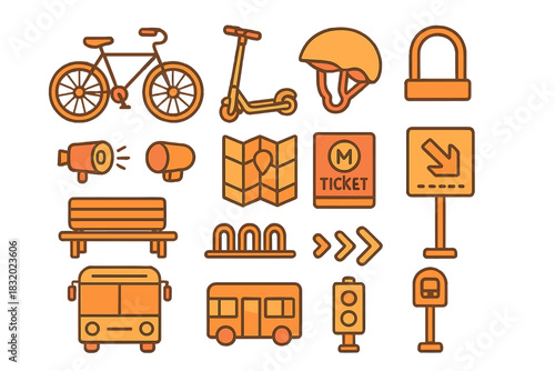 Transportation elements including a bicycle, scooter, and bus stop in a minimalistic design with various icons